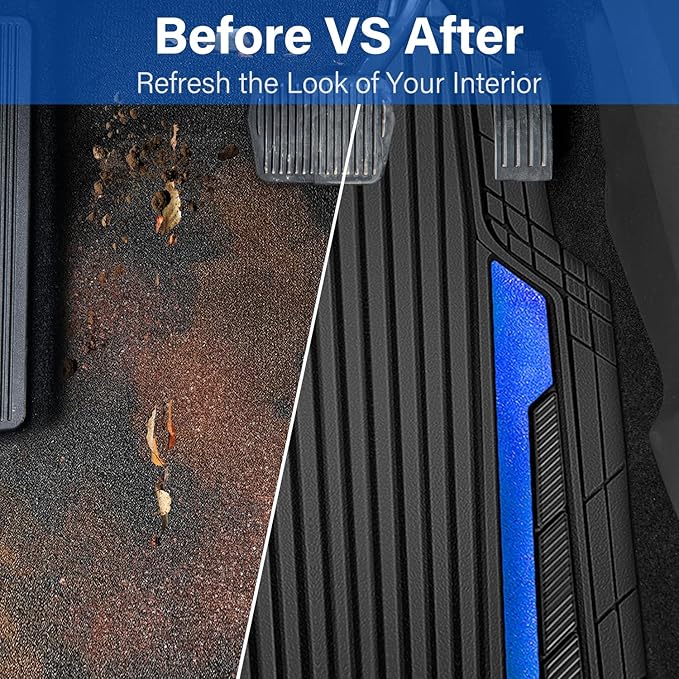 CAR PASS Heavy Duty Rubber Car Mats Metallic,Aluminum Film All Weather Floor Mats Waterproof Universal Trim to Fit Automotive SUV Sedan Van 4 Piece Anodized Deep Dish Two-Tone Sporty Black Blue Chrome