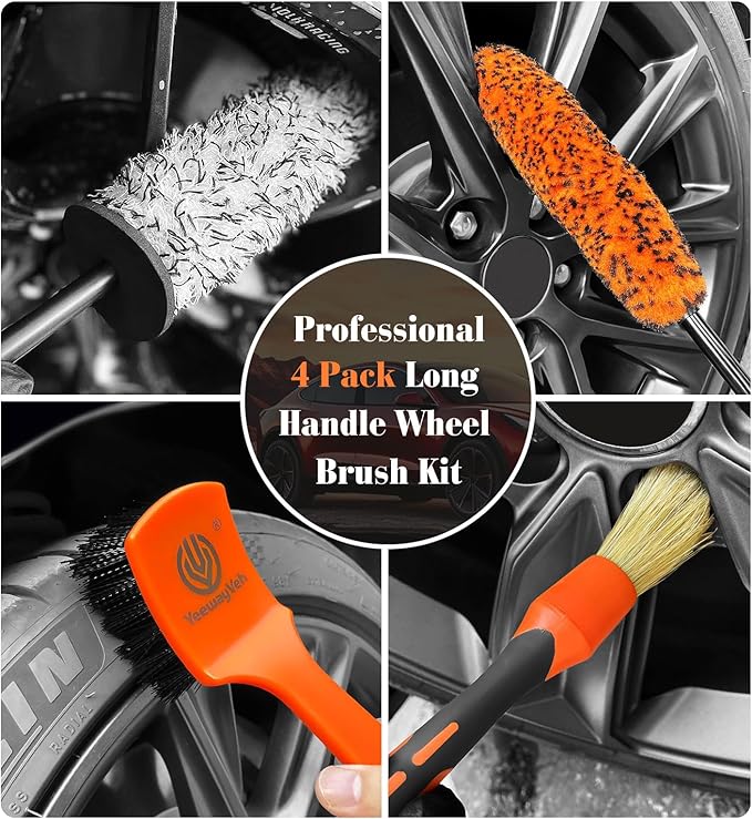 YeewayVeh Car Wheel Brush Kit, 4PCS Microfiber Wheel Cleaner Brush, Soft & Scratch-Free Detailing Brush and Tire Brush, Professional Wheel Cleaning Kit for Car Rim Fenders Engine Exhaust Tips, Orange