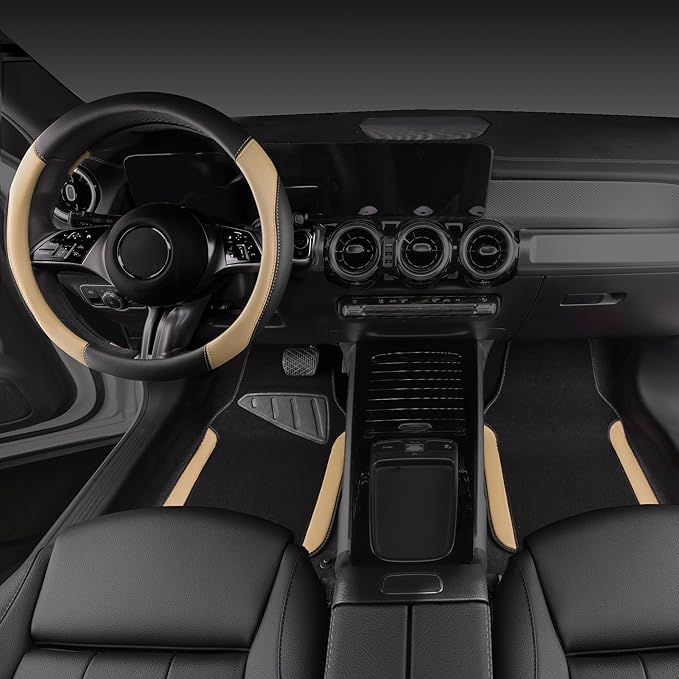 CAR PASS Faux Leather Steering Wheel Cover and Waterproof Car Floor Mats,Universal Car Combo Fit for 95% Sedan,SUV,Cars,14.5-15inch Sporty Anti-Slip Safety Comfortable Design(Black＆Beige)