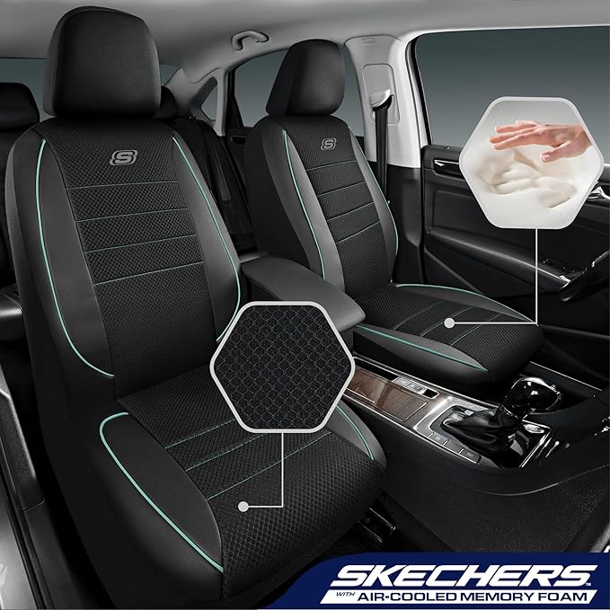Skechers Air-Cooled Memory Foam Seat Covers,Mesh Thick Car Seat Covers,Piping Leather Car Seat Covers Front Seats,Airbag Compatible,Automotive Comfort for Most Cars,Vans,Trucks,SUV(Mint,Two Front)