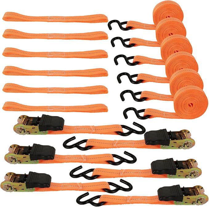 Ratchet Straps, 6Pack 20Ft Ratchet Tie Down Straps, 1700 LB Break Strength Ratchet Tie Down Straps with Safety Lock S Hooks & Soft Loops for Moving Cargo, Motorcycle, Appliances, Lawn Equipment
