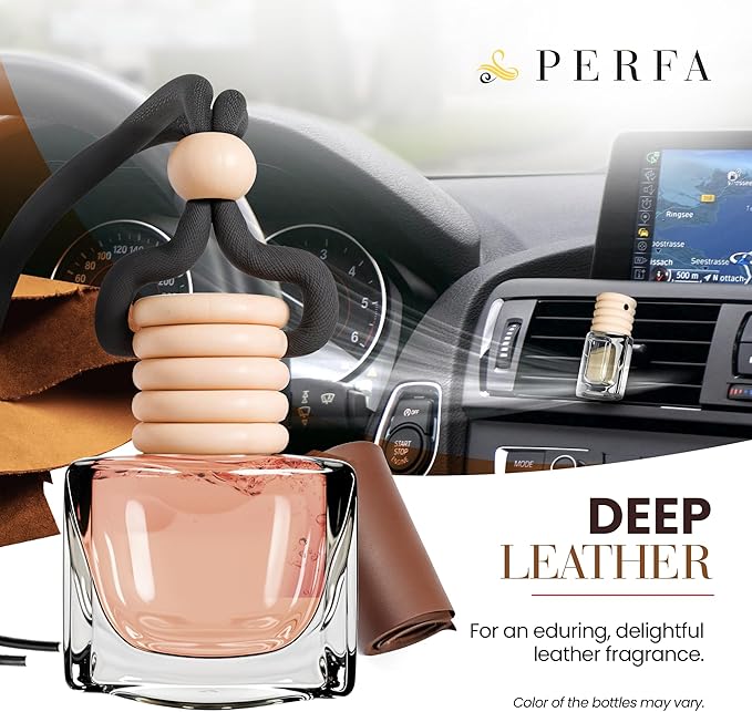 Deep Leather Car Air Freshener for Men | Pack of 2 Long Lasting Automotive Air Freshener | Odor Eliminator Car Perfume with Essential Oils | Car Air Freshener Vent Clip by Perfa