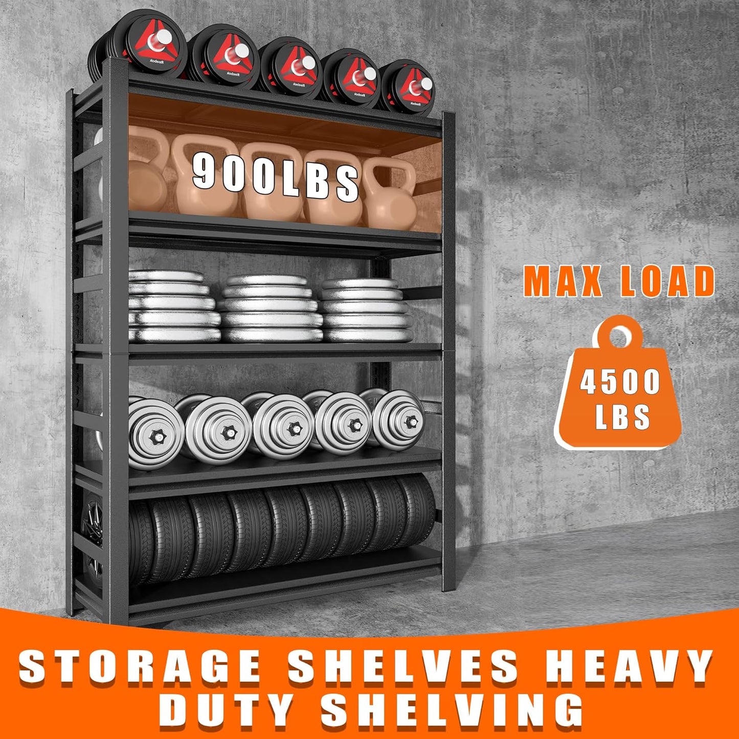 78"H Garage Storage Shelves Heavy Duty Garage Shelving, 4500 LBS Capacity 5 Tier Adjustable Metal Utility Shelves Industrial Shelving Units for Basement and Warehouse, 78"H×47.24"W×18"D, Black