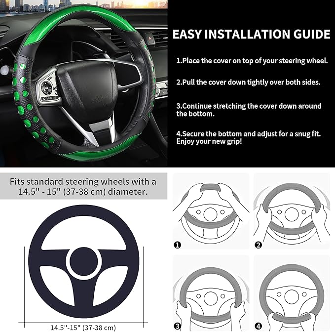 Leather Car Steering Wheel Cover with Anti-Slip Grip, for Women and Men, Universal Fit for 14.5-15 Inch Cars, Trucks, SUVs (Green (Round), Medium(Standard) Size[14 1/2''-15''])