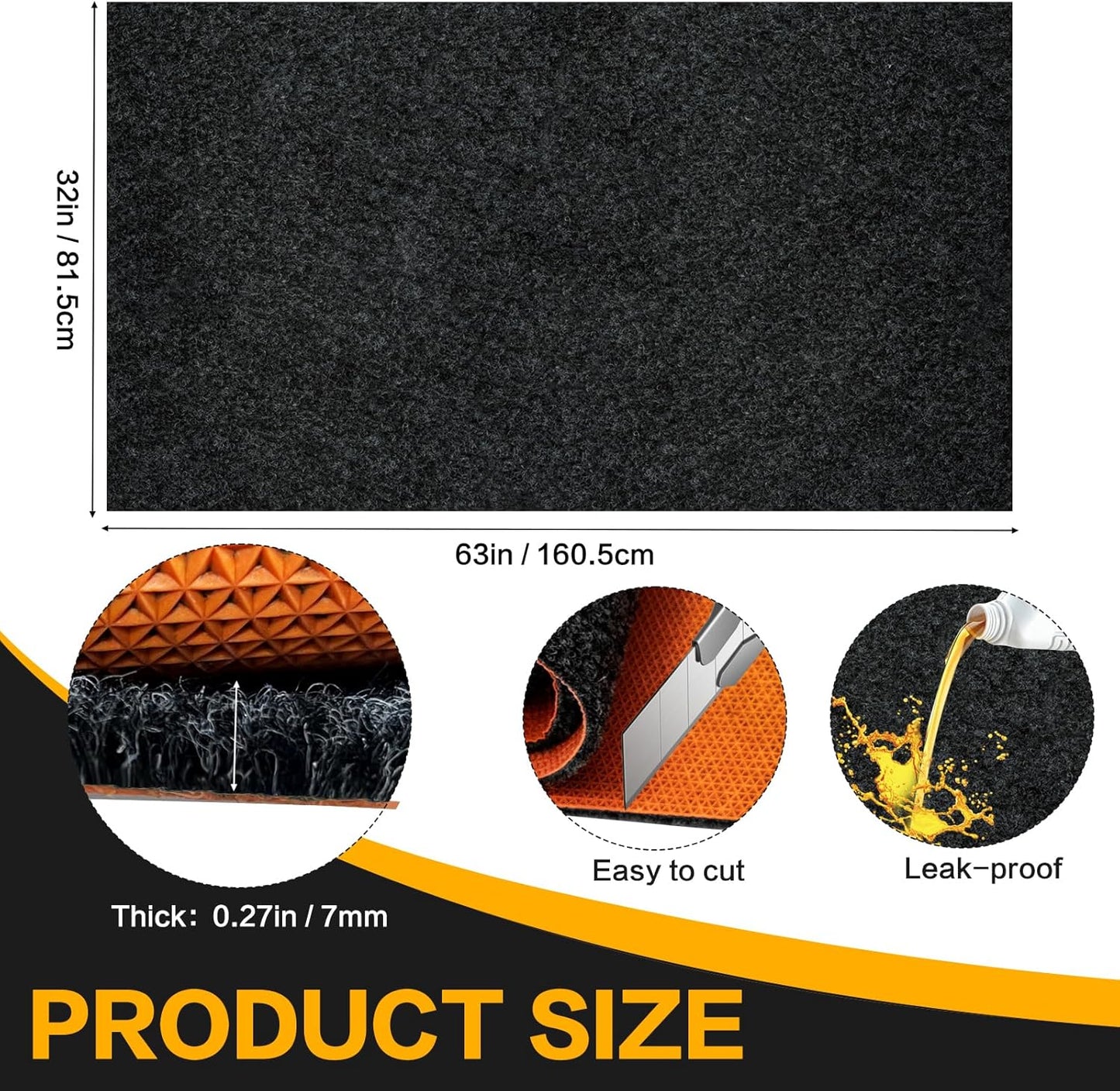 Oil Spill Mat, 64 x 32 Inch Garage Floor Mat Heavy Duty Absorbent Oil Pad for Under Car with Rubber Backing Protects for All Types of Spills, Black, Orange