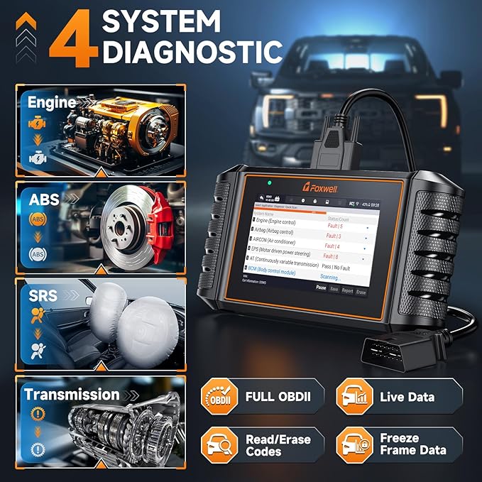 FOXWELL NT716 Bidirectional OBD2 Scanner – ABS, Airbag, Transmission, Engine Scanner with 9 Service Resets Including ABS Bleeding Oil Light, EPB, BMS, DPF, Throttle Relearn, Orange