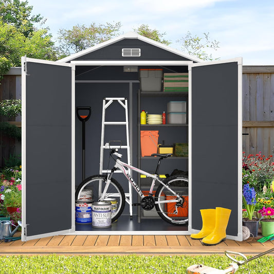 6*4.4 FT Resin Outdoor Storage Shed Plastic Shed with Floor, Reinforced Floor for Patio Furniture, Gardening Tools, Lawn Mower, Plastic Garden Shed with Lockable Door for Backyard (Charcoal)