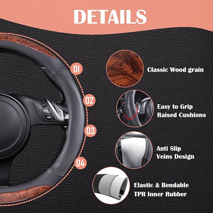CAR-PASS Wood Grain Microfiber Leather Steering Wheel Cover, 14.5-15 inch Fit for 95% Automotive SUV Truck Sedan, Luxury Premium Rubber Perforated Leather, Non-Slip, (Black)