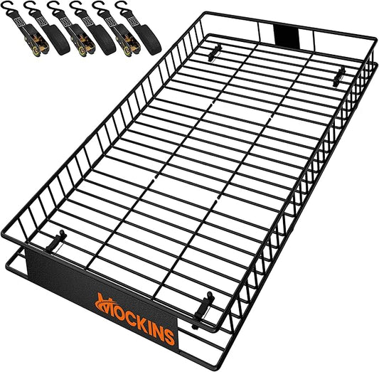 Mockins 90"x50"x6" XXL Heavy Duty Roof Rack Cargo Carrier for Top of Vehicle Storage | 250 Lbs. Cap Steel Car Roof Basket w/Straps | Weatherproof Rooftop Cargo Basket for SUV, RV, & Large Vehicles