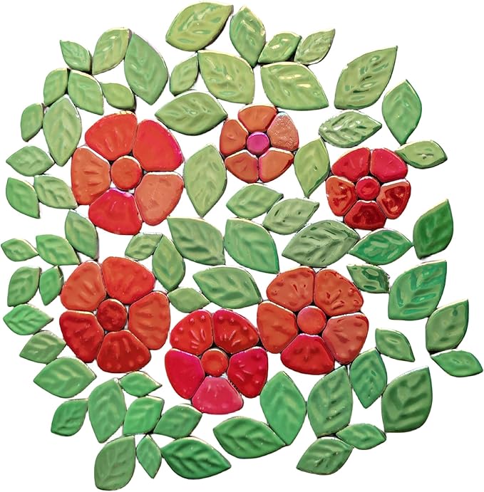 1.1LB Iridescent Leaves Ceramics Mosaic Tiles,Making Creative 3 Size Ceramic Mosaic Pieces for DIY Craft,Flowerpots,Vases,Cups,Garden Decor Mosaic Making Supplies (Red Flowers + Green Leaves)