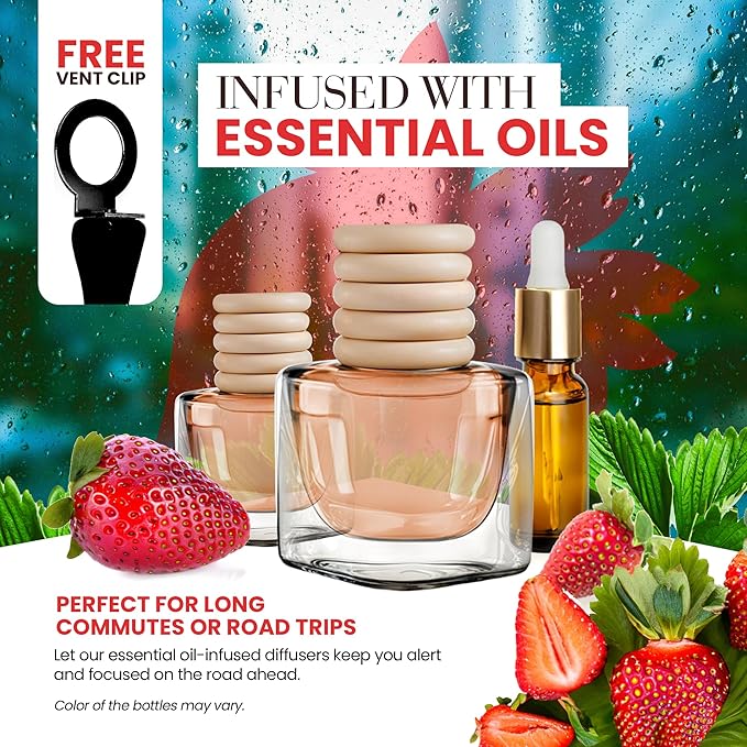 Car Air Fresheners for Women - Sweet Strawberry Fragrance | Pack of 2 Long Lasting Car Air Freshener | Odor Eliminator with Essential Oils | Car Air Freshener Vent Clip by Perfa