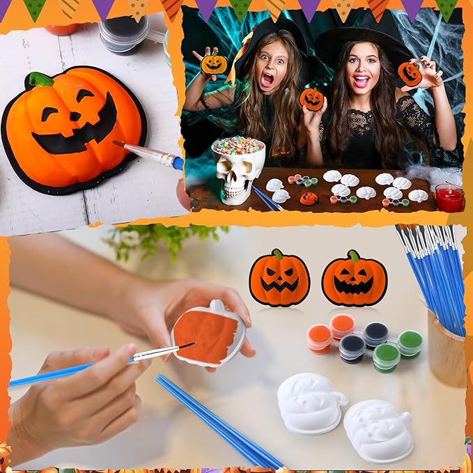 Foilswirl 24 Set Pumpkin Ceramic to Paint Halloween DIY Painting Kit Ready to Paint Pumpkin Crafts Unpainted Ceramics Figures with Brushes Acrylic Bags for Halloween Thanksgiving Party Decoration