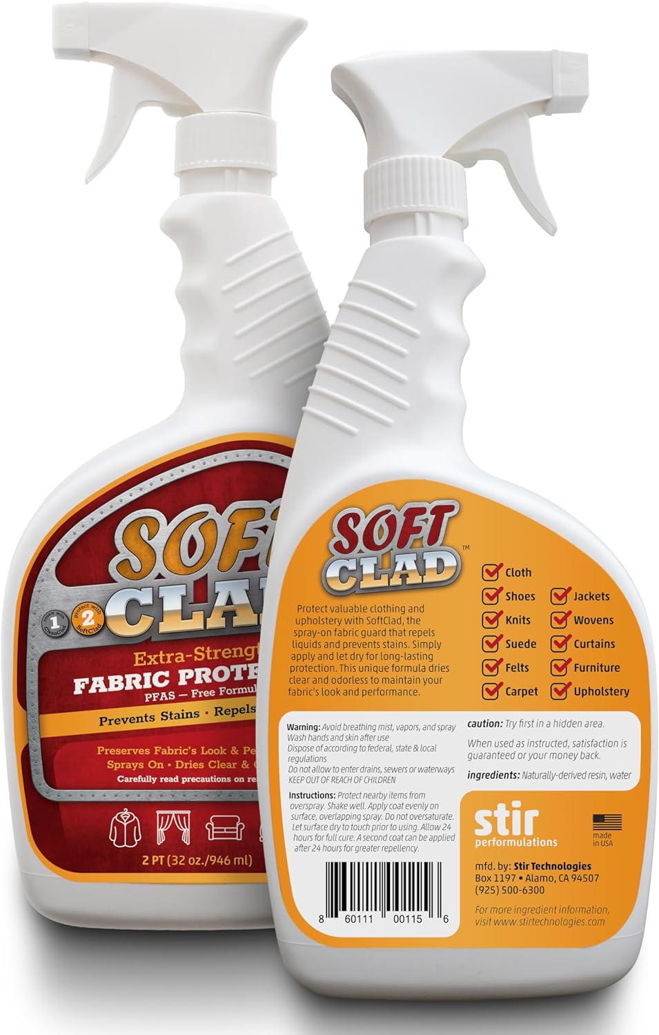 Extra Strength Fabric Protector Spray Prevents Stains and Repels Liquids. SoftClad Guards Furniture, Shoes, Carpet, Upholstery, Suede, Leather, Couch. Safe for Indoor Use. PFAS Free Formula 32oz