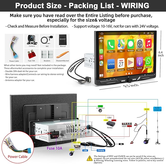 Wireless 10.1" Single Din Car Stereo CarPlay Radio, Carplay Android Auto Touch Screen, Bluetooth 5.3, Car Audio Receiver, 240W Subwoofer, Backup Camera, FM/AM SWC