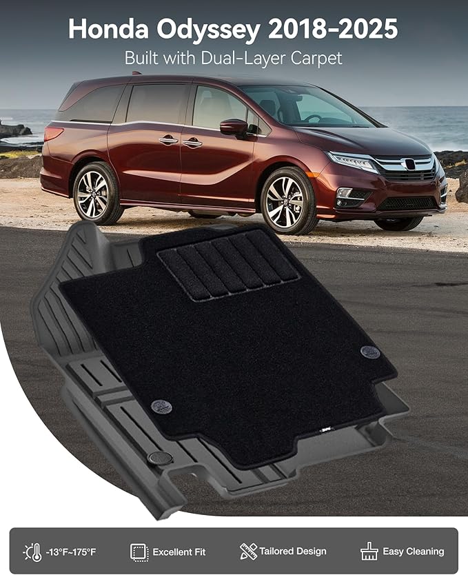 3W Floor Mats(with Carpets) & Cargo Liner Fit for Honda Odyssey 2018-2025, TPE All Weather Waterproof Custom Fit Automotive Floor Liners Carpet and Truck Car Liners for Honda Odyssey 1-3 Rows, Black