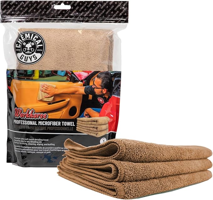 Chemical Guys MIC34403 Workhorse Professional Microfiber Towel, Tan (Safe for Car Wash, Home Cleaning & Pet Drying Cloths) 16" x 16", Pack of 3
