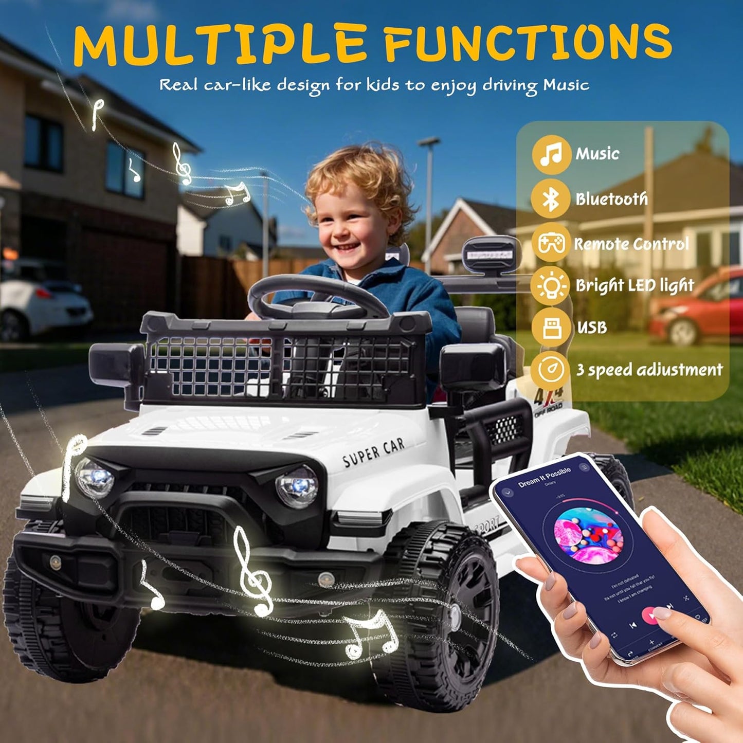 24V Ride on Toys with Parents Control, Ride on TruckCar with Four-Wheel Suspension, Electric Vehicles for Kids, PowerDisplay, Bluetooth, MP3, Music, LED Headlight, 1.86-3.11MPH (White)