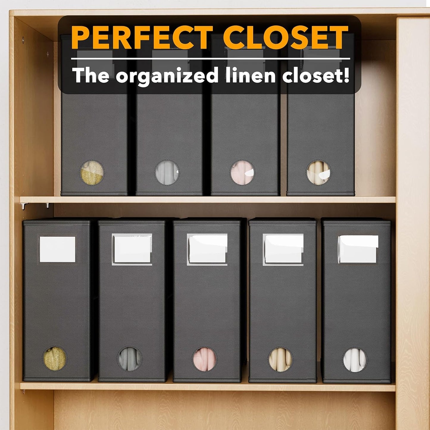 SpaceAid 9 Pack Bed Sheet Organizers and Storage, Foldable Sheet Organizer with Window for Linen Closet, Set Folder Keeper for Queen & King Size Bedding Storage (Black)