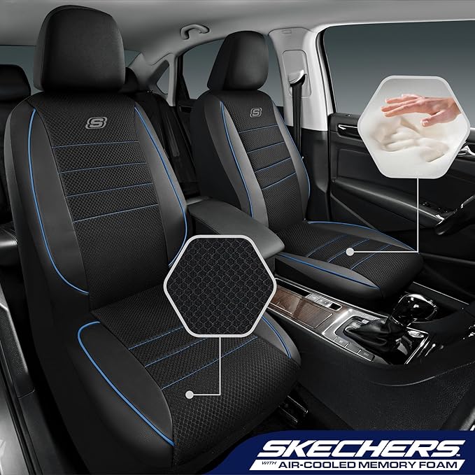 Skechers Air-Cooled Memory Foam Seat Covers,Mesh Thick Car Seat Covers,Piping Leather Car Seat Cover,Airbag Compatible,Automotive Comfort for Most Cars, Vans, Trucks, SUV(Blue,Full Set)
