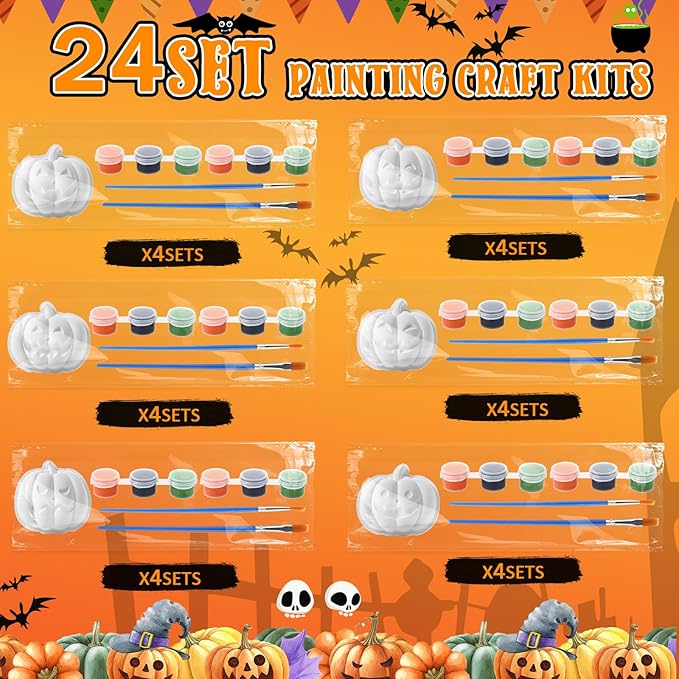 Foilswirl 24 Set Pumpkin Ceramic to Paint Halloween DIY Painting Kit Ready to Paint Pumpkin Crafts Unpainted Ceramics Figures with Brushes Acrylic Bags for Halloween Thanksgiving Party Decoration