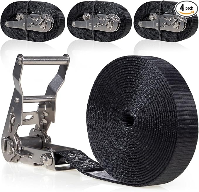 US Cargo Control Endless Ratchet Straps 1" X 15' (4-Pack), 3,300 LBS Break Strength, Stainless Steel Tie Downs, Marine Tie Down Straps for Boats, ATVs, Trees, Camping, Snow, Saltwater Applications