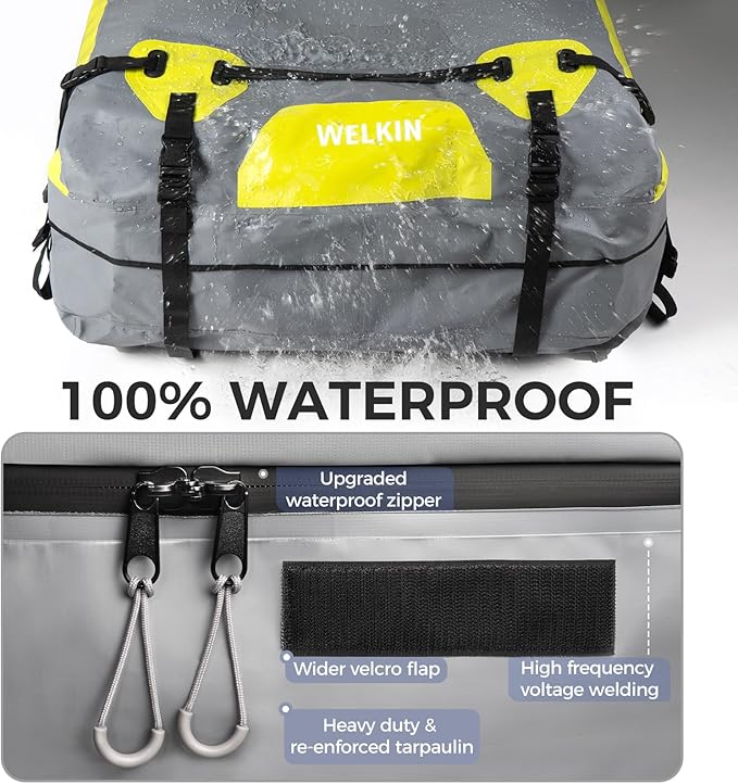 WELKIN Heavy Duty Rooftop Cargo Carrier Bag - 15 Cubic Waterproof Car Roof Bag for All Vehicles with/Without Rack - Includes Anti-Slip Mat, 6 Door Hooks, TSA Lock & Storage Bag - Reinforced Straps