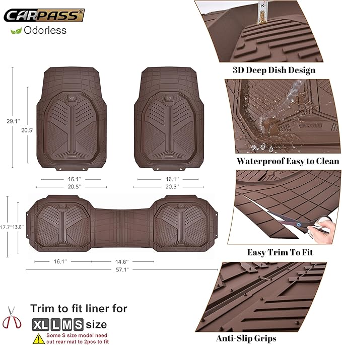 CAR PASS Heavy Duty Rubber Car Mats, Deep-Dish Odorless Car Floor Mats All Weather, Trim-to-Fit for SUVs Trucks Sedans, Waterproof Anti-Slip, 3 Pieces V12 Brown
