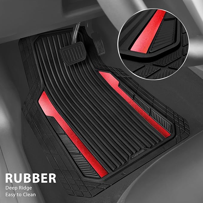 CAR PASS Heavy Duty Rubber Car Mats Metallic S~L Size, Aluminum Film All Weather Floor Mats Waterproof Universal Trim to Fit SUV Sedan Van Truck 4 Piece Deep Dish Two-Tone Sporty Black Red Chrome