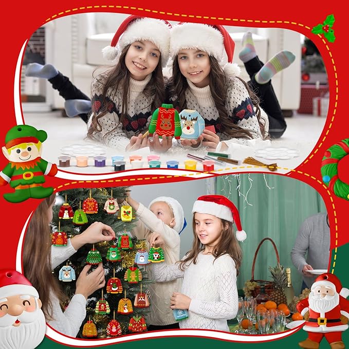 TecUnite 28 Pcs Ceramic to Paint Christmas Ornament Crafts Adults Unpainted DIY Ceramic Figurines Decorate and Paint Your Own Ornaments Kits DIY Craft Xmas Holiday Activities(Ugly Sweater)