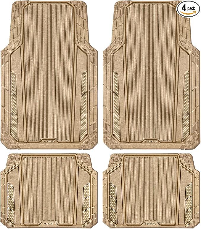 CAR PASS Heavy Duty Sporty Rubber Car Mats, Deep Dish All Weather Car Floor Mats Full Set, Waterproof Anti-Slip Automotive Matts Rugs Trim to Fit for Most Sedans SUVs, 4-Piece All Beige