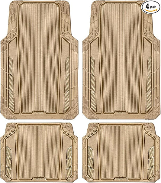 CAR PASS Heavy Duty Sporty Rubber Car Mats, Deep Dish All Weather Car Floor Mats Full Set, Waterproof Anti-Slip Automotive Matts Rugs Trim to Fit for Most Sedans SUVs, 4-Piece All Beige