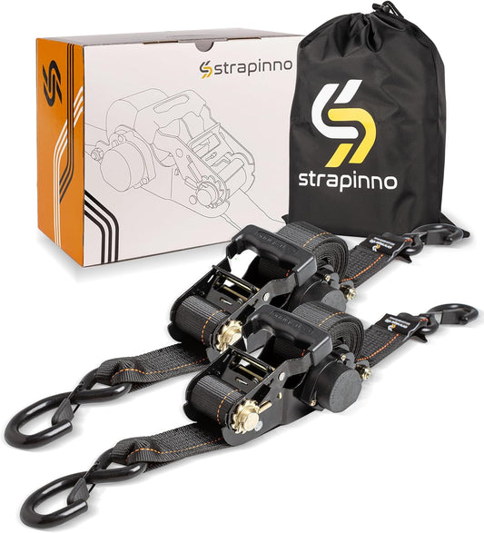 Strapinno Retractable Ratchet Tie-Down Straps,5,000 lbs Breaking Strength- 2 in x 12 ft Heavy Duty Ratchet Strap with Safety Lock S Hooks for Motorcycles, ATVs, UTVs, Lawn Equipment & Cargo (Black)