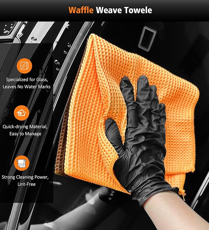 YeewayVeh 3 Pack Car Drying Towel, 24" x 36" Double Twisted Loop Car Drying Towels Extra Large, 16" x 16" Edgeless Microfiber Drying Towel and Absorbent Waffle Weave Towels for Cars Truck SUV, Orange