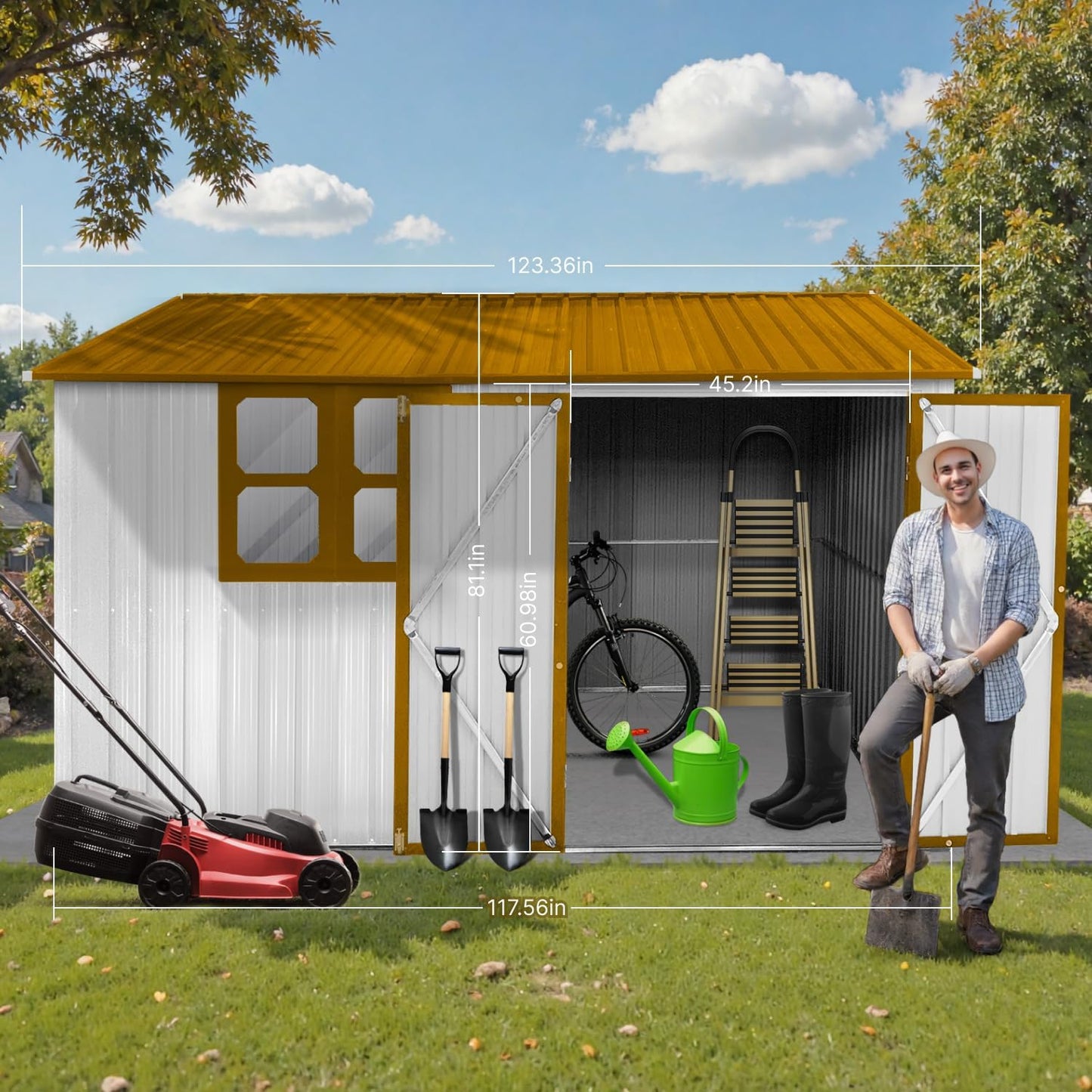 10 x 8 FT Outdoor Storage Shed, Metal Garden Tool Shed with Slooping Roof, Lockable Doors and Windows, Easy to Assemble for Garden, Patio, Lawn, White+Yellow