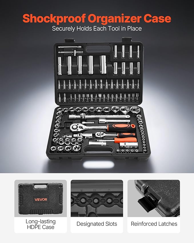 VEVOR Socket Set, 108 Pieces, 1/4 & 1/2 inch Drive Socket and Ratchet Set, Metric Size from 4 to 32 mm, Mechanic Tool Kit with Bits, Accessories, Storage Case, CR-V Alloy Steel, for Automotive Repair