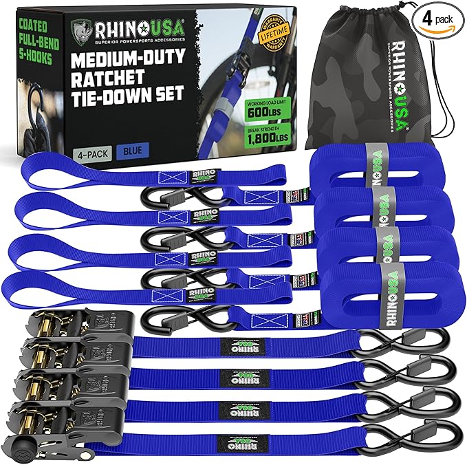 Rhino USA Ratchet Straps Tie Downs (4-Pack) - 1 Inch x 15 Feet (1,823lb Break Strength) - Ultimate Tie Down Straps with Safety S Hooks - for Trucks, Cargo, Moving, Appliances - Blue