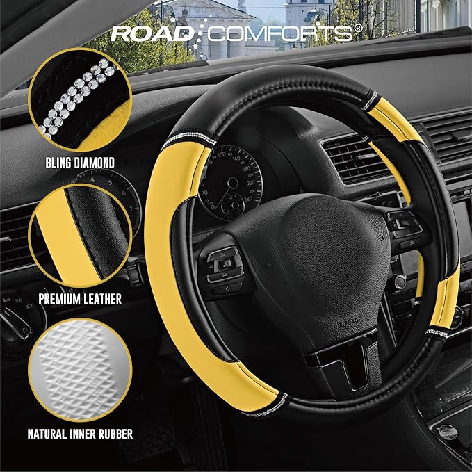 Road Comforts Leather Steering Wheel Cover - Made with PVC Leather - Anti-Slip, Universal Fit 14 1/2 inches to 15 inches - Yellow
