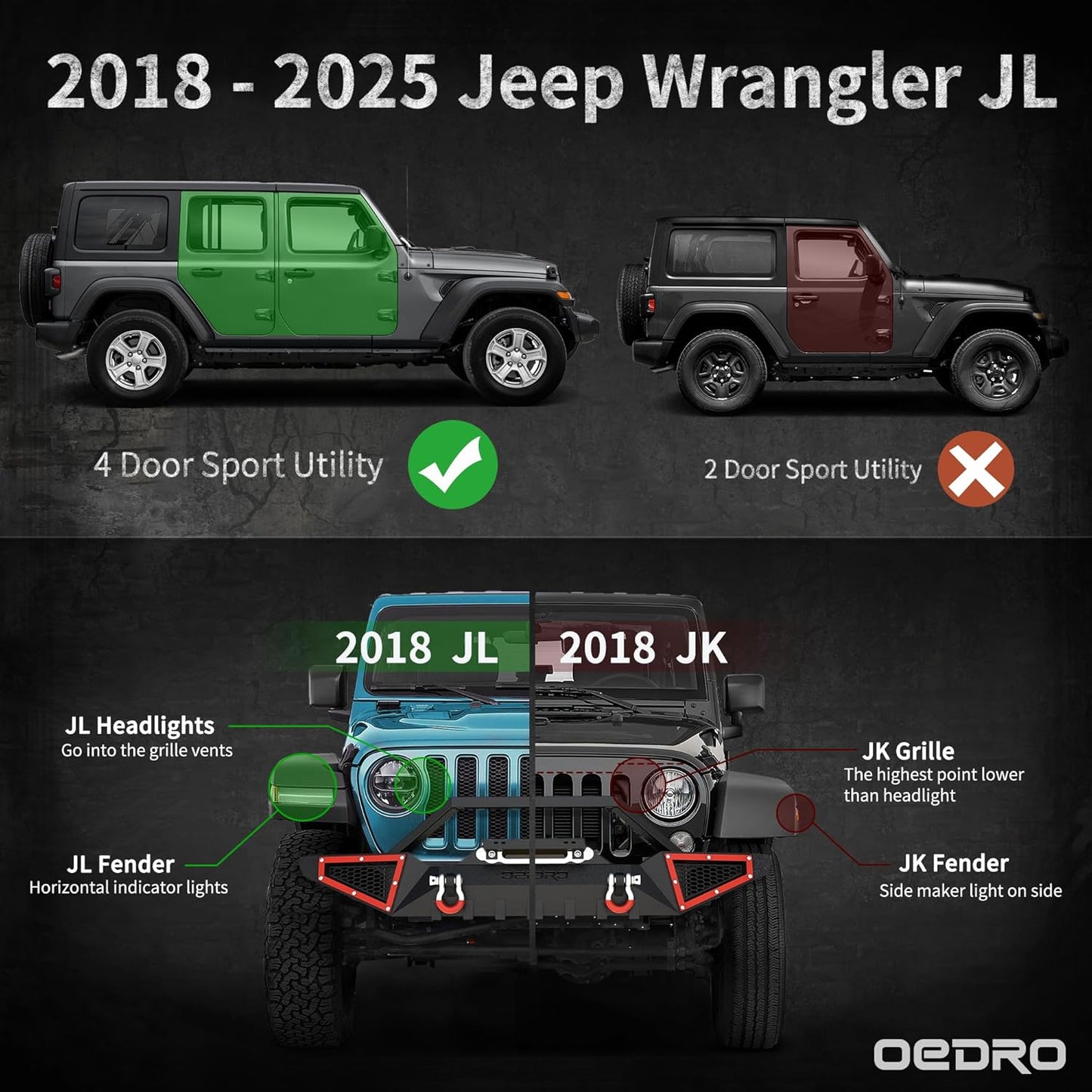 OEDRO All-Steel Build Running Boards Compatible with 2018-2025 Jeep Wrangler JL 4 Door, Bolt-on Side Steps with Leaf Shaped Design, Black Powder Coated Nerf Bar