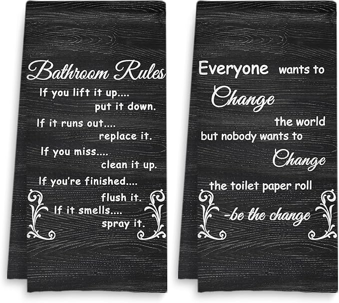 Funny Bathroom Rules Decorative Hand Towels Set of 2, Rustic Farmhouse Hand Towels for Bathroom Decor, 16x24 Inch(Coal Black Style)