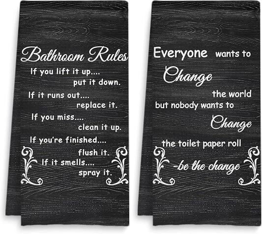 Funny Bathroom Rules Decorative Hand Towels Set of 2, Rustic Farmhouse Hand Towels for Bathroom Decor, 16x24 Inch(Coal Black Style)