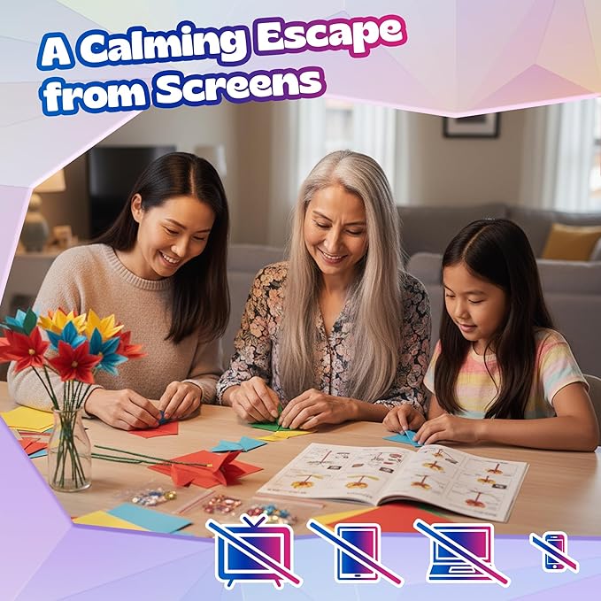 Pinwheel Crafts Flower Origami Kit for Kids Ages 8-12 | 550 Pcs Origami Paper Kit w/Multicolor Folding Papers, Chenille Stems,Buttons and Jewels, Arts and Crafts Paper Book for Kids Ages 6+