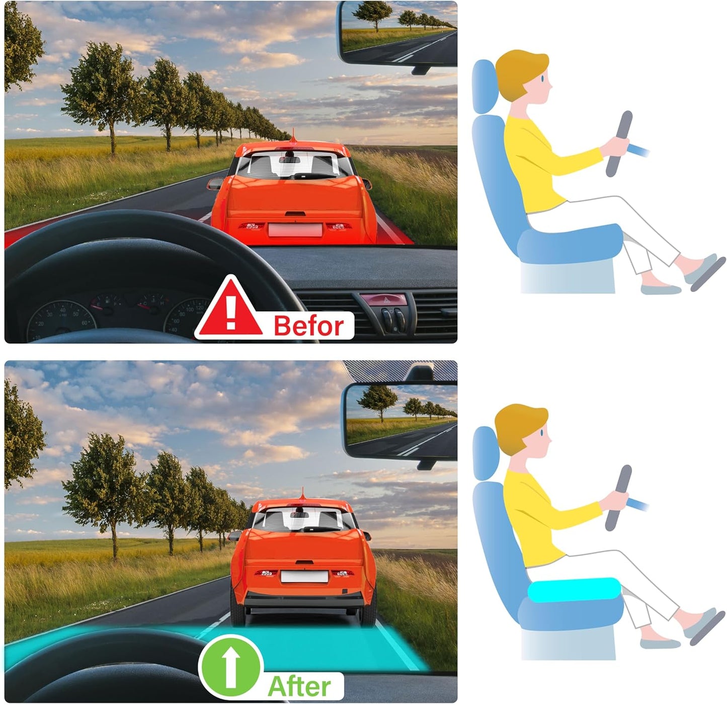 Car Seat Cushion, Ergonomic Memory Foam Car Cushion for Sciatica Pain Relief, Larger Driving Seat Pillow for Short Drivers on Long Drives - Butt Pillow for Truck, Office, Wheelchair - Classic Black