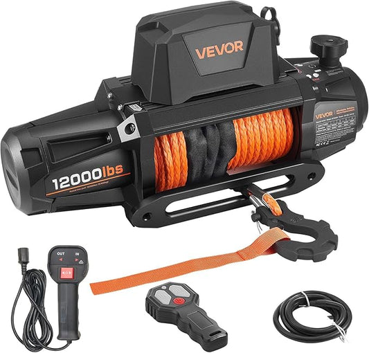 VEVOR Electric Winch, 12000 lbs Load Capacity, 12V DC Truck Winch with Φ3/8 in x 92 ft Synthetic Rope, Wireless & Wired Remote Control, IP67 Waterproof for Towing Off-Road SUV Jeep Trailer Boat