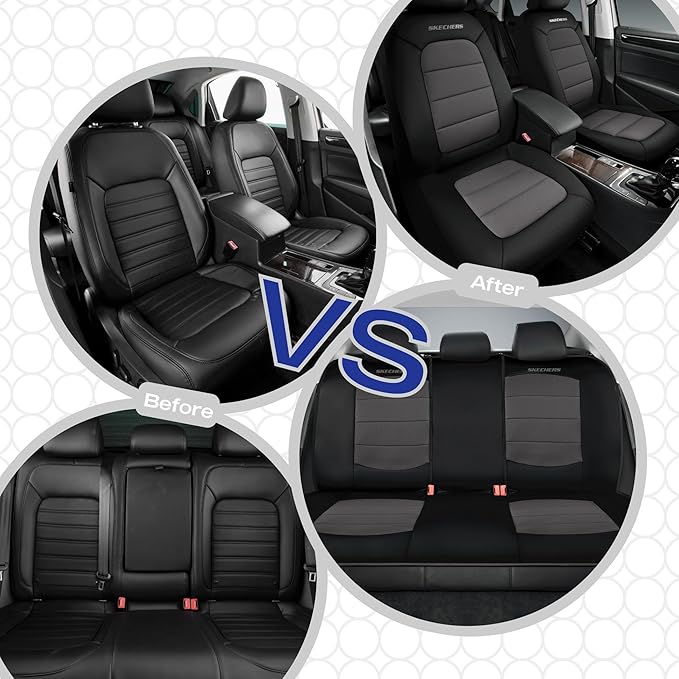 Skechers Memory Foam Car Seat Covers,Thick Cool Touch Fabric Seat Covers,Seat Cover Full Sets Airbag Compatible,Automotive Comfort Protection for Most Cars,Vans,Trucks,SUV,Grey