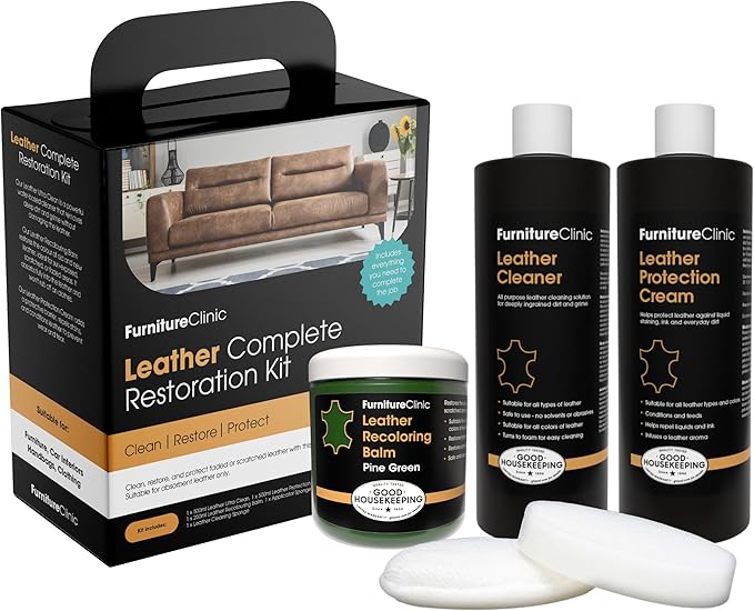 Furniture Clinic Leather Complete Restoration Kit | with Leather Recoloring Balm, Cleaner, 2-in-1 Protection Cream & Conditioner, Sponge, and Cloth | Repair Kit for Furniture (Pine Green)