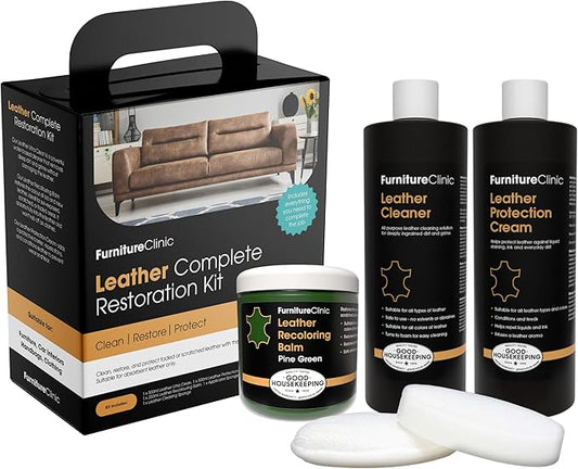 Furniture Clinic Leather Complete Restoration Kit | with Leather Recoloring Balm, Cleaner, 2-in-1 Protection Cream & Conditioner, Sponge, and Cloth | Repair Kit for Furniture (Pine Green)