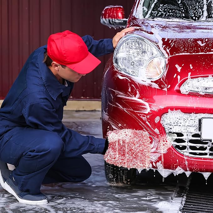 TAKAVU Microfiber Cleaning Mitt, 2 Pack Premium Cyclone Car Washing Gloves, Scratch-Free Lint-Free Wash Mitts, Holds Tons of Sudsy Water for Effective Washing, Machine Washable (Red & White)