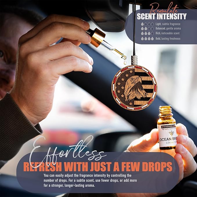 Wood Car Air Freshener — Handcrafted Air Freshener — American Flag Hanging Fragrance Oil Diffuser in Wooden Gift Box — Christmas Gift for Car with Ocean Breeze Fragrance Oil - 10 ml