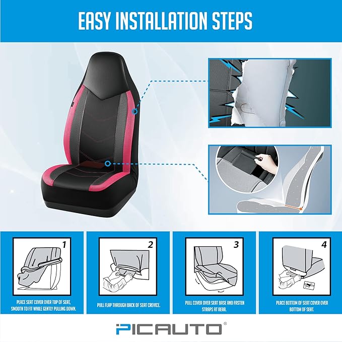 PIC AUTO Leather Car Seat Covers, Sports Carbon Fiber & Mesh Design, High-Back Two Front Set, Waterproof Automotive Seat Covers, Airbag Compatible, Universal Fit for Most Cars (Black & HotPink)