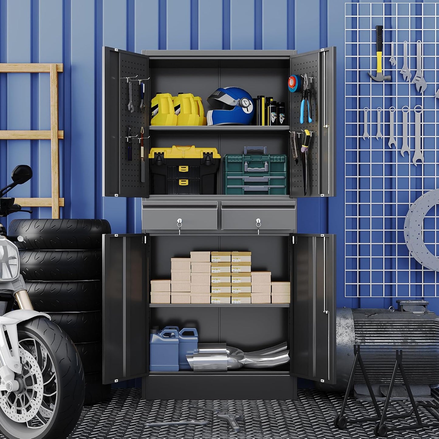 71" Metal Garage Storage Cabinet with 8 Hooks and Pegboards,2 Drawer Tool Storage with Locking Doors and Adjustable Shelves,Heavy Duty Steel Tool Cabinet for Garage, Warehouse